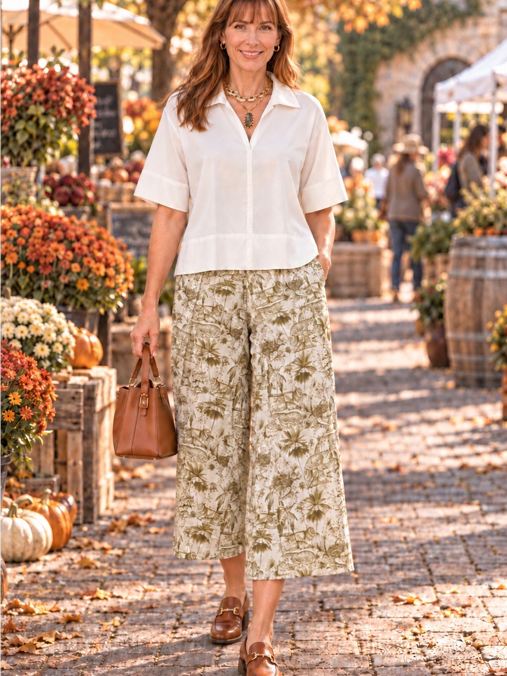 Rachel Zoe Cream Jungle Print Wide-Leg Cropped Pants